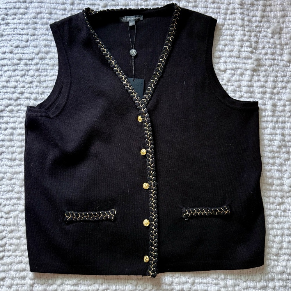 NWT Adrianna Papell Black Knit Vest with Gold Accents Size L